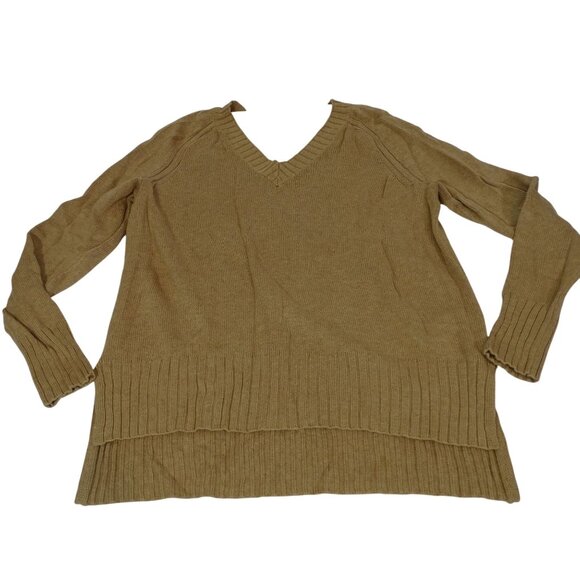 Old Navy Camel Brown Rib Trim V-Neck Sweater Women Size M Long Sleeve Side Slit - Picture 1 of 6